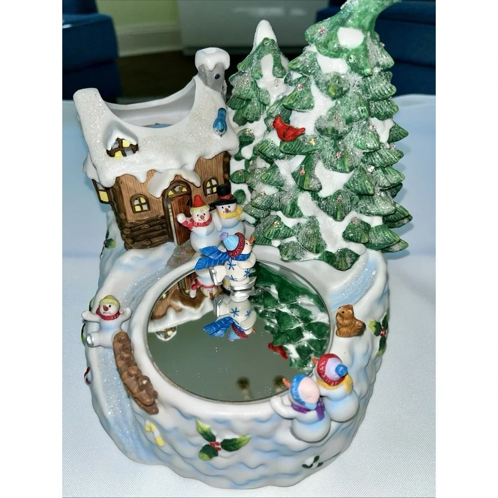 Home Interiors Musical Lighted Winter Scene Skating Snowman Figurine Works Great